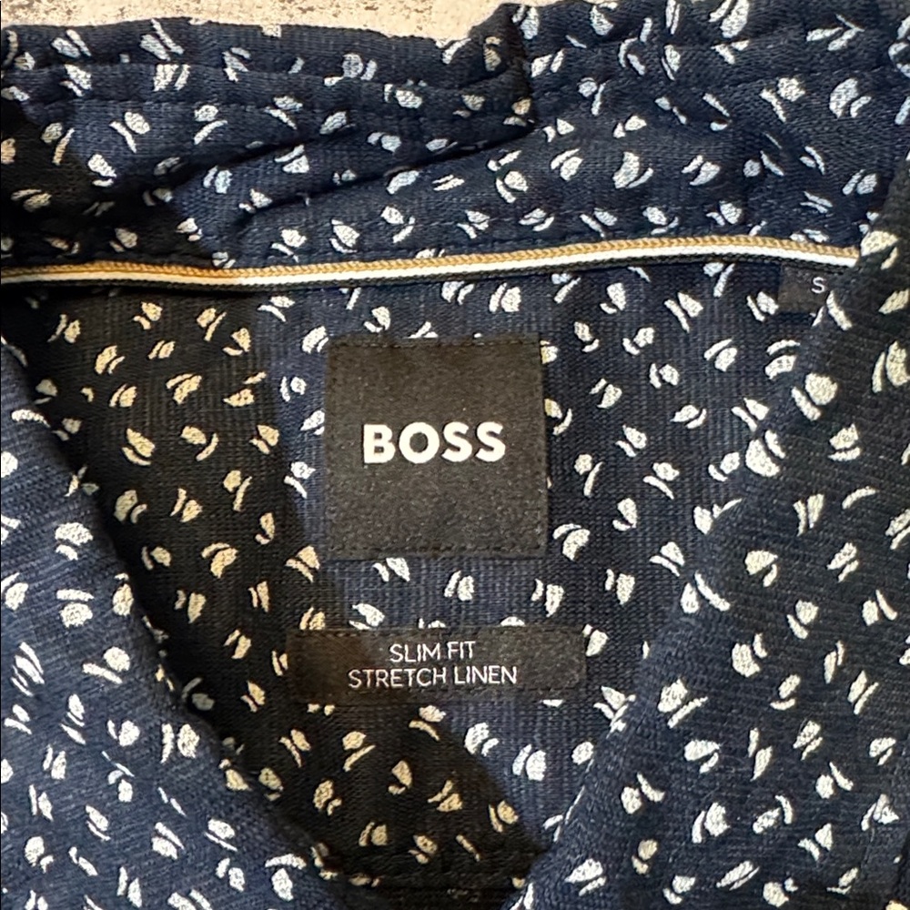 Boss mens S Small navy blue geo pattern slim fit linen stretch button up shirt - Picture 2 of 6